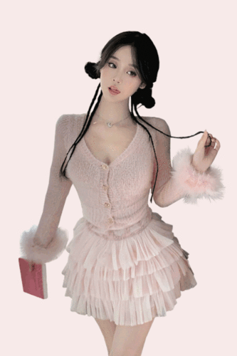♥카리나(에스파) 착용♥ 핑크 퍼트리밍 플러피 가디건